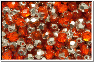 B�hm. Glasschliffperle, feuerpol., 4mm, orange, dk., trans., half silver, 50 Stk.