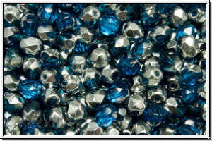 B�hm. Glasschliffperle, feuerpol., 4mm, capri blue, trans., half silver, 50 Stk.