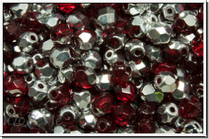 B�hm. Glasschliffperle, feuerpol., 4mm, siam, dk., trans., half silver, 50 Stk.