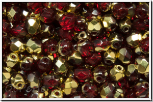 B�hm. Glasschliffperle, feuerpol., 4mm, siam, dk., trans., half brass, 50 Stk.