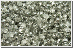 B�hm. Glasschliffperle, feuerpol., 3mm, crystal, trans., half silver, 50 Stk.