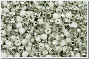 B�hm. Glasschliffperle, feuerpol., 3mm, white, op., half silver, 50 Stk.