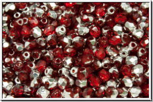 B�hm. Glasschliffperle, feuerpol., 3mm, siam, trans., half silver, 50 Stk.