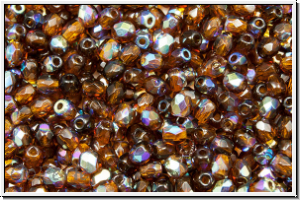 B�hm. Glasschliffperle, feuerpol., 3mm, topaz, dkst., trans., AB, 50 Stk.