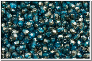 B�hm. Glasschliffperle, feuerpol., 3mm, capri blue, lt., trans., half chrome, 50 Stk.