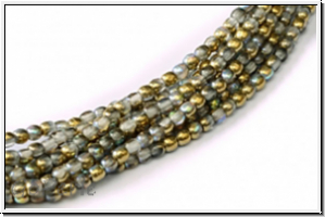 b�hm. Glasperle, rund, 2mm, crystal, trans., golden AB, 1 Strang
