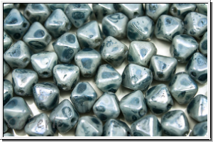b�hm. Glasperle, Bicone, 6mm, white, op., blue marbled, 30 Stk.