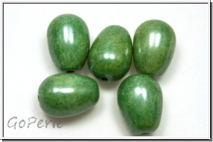 B�hm. Glasperle, Tropfen, l�ngs gebohrt, 11x8mm, white, op., green marbled, 5 Stk.