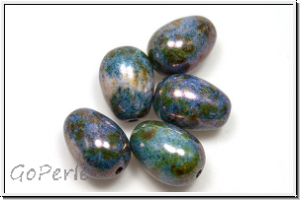 B�hm. Glasperle, Tropfen, l�ngs gebohrt, 11x8mm, white, op., blue/brown marbled, 5 Stk.
