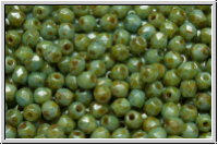B�hm. Glasschliffperle, feuerpol., 3mm, white, alabaster, green/brown marbled, 50 Stk.