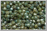 B�hm. Glasschliffperle, feuerpol., 3mm, white, op., blue/brown marbled, 50 Stk.