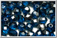 B�hm. Glasschliffperle, feuerpol., 6mm, capri blue, dk., trans., half chrome, 25 Stk.