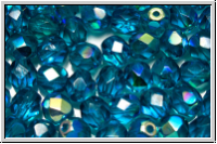 B�hm. Glasschliffperle, feuerpol., 6mm, blue zircon, trans., AB, 25 Stk.