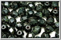 B�hm. Glasschliffperle, feuerpol., 6mm, black, op., silver picasso, 25 Stk.