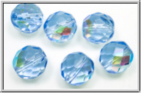 B�hm. Glasschliffperle, feuerpol., 10mm, sapphire, lt., trans., AB, 6 Stk.