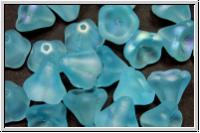 B�hm. Glasperle, Flower "Bells", 8x9mm, aqua, trans., matte, AB, 25 Stk.
