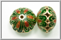 Cloissone-Perle "Dicke Linse", 14x19mm, green/orange, 1 Stk.