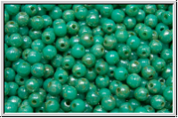 b�hm. Glasperle, rund, 3mm, turquoise, op., silver picasso, 50 Stk.