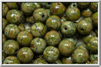b�hm. Glasperle, rund, 6mm, olivine, dk., op., silver picasso, 25 Stk.