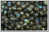 B�hm. Glasschliffperle, feuerpol., 4mm, crystal, trans., graphite AB, matte, 50 Stk.