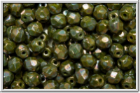 B�hm. Glasschliffperle, feuerpol., 4mm, olivine, dk., op., nebula, 50 Stk.