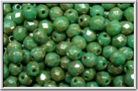 B�hm. Glasschliffperle, feuerpol., 4mm, blue turquoise, op., silver picasso, 50 Stk.