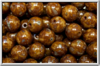 b�hm. Glasperle, rund, 6mm, caramel, op., silver picasso, 25 Stk.