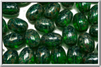 B�hm. Glasperle, Olive, 9x7mm, emerald, lt., trans., silver picasso, 5 Stk.