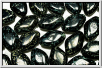 B�hm. Glasperle, Raute, 15x10x5,8mm, black, op., silver picasso, 5 Stk.