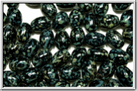 B�hm. Glasperle, Olive, 7x5mm, black, op., silver picasso, 10 Stk.