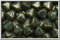 b�hm. Glasperle, Bicone, 8mm, blue, op., silver picasso, 30 Stk.