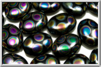 b�hm. Glasperle, Olive, flach, 12x9x4,1mm, black, op., peacock, 5 Stk.