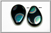 B�hm. Glasperle, Tropfen, flach, 12x18mm, black, op., peacock, 1 Stk.