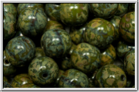 b�hm. Glasperle, rund, 8mm, olivine, dk., op., silver picasso, 10 Stk.