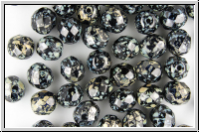 B�hm. Glasschliffperle, feuerpol., 8mm, black, opaque, silver picasso, 10 Stk.