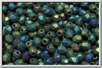 B�hm. Glasschliffperle, feuerpol., 3mm, green, met., matte, iris., 50 Stk.