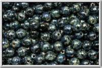 b�hm. Glasperle, rund, 4mm, black, op., silver picasso, 50 Stk.