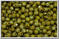 B�hm. Glasschliffperle, feuerpol., 3mm, olivine, dk., op., picasso, 50 Stk.
