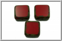 b�hm. Glasperle, table cut, Quadrat, 10x10mm, red, op., picasso, 5 Stk.