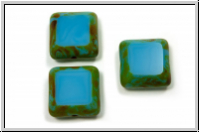 b�hm. Glasperle, table cut, Quadrat, 15x15mm, aqua, op., picasso, 3 Stk.