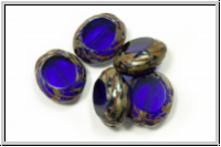 b�hm. Glasperle, table cut, oval, 14x12mm, cobalt, trans., picasso, 5 Stk.