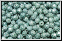 B�hm. Glasschliffperle, feuerpol., 3mm, white, op., teal marbled, 50 Stk.