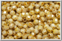 B�hm. Glasschliffperle, feuerpol., 3mm, white, op., honey picasso, 50 Stk.