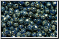 B�hm. Glasschliffperle, feuerpol., 3mm, blue, op., silver picasso, 50 Stk.