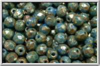 B�hm. Glasschliffperle, feuerpol., 4mm, sapphire, lt., op., silver picasso, 50 Stk.