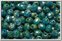 B�hm. Glasschliffperle, feuerpol., 4mm, blue, capri, alabaster, silver picasso, 50 Stk.