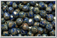 B�hm. Glasschliffperle, feuerpol., 4mm, blue, op., silver picasso, 50 Stk.