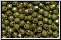 B�hm. Glasschliffperle, feuerpol., 3mm, olivine, dk., op., silver picasso, 50 Stk.