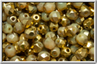 B�hm. Glasschliffperle, feuerpol., 4mm, sand, opal, half brass, 50 Stk.