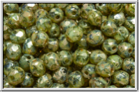B�hm. Glasschliffperle, feuerpol., 4mm, green, moonlight, silver picasso, 50 Stk.